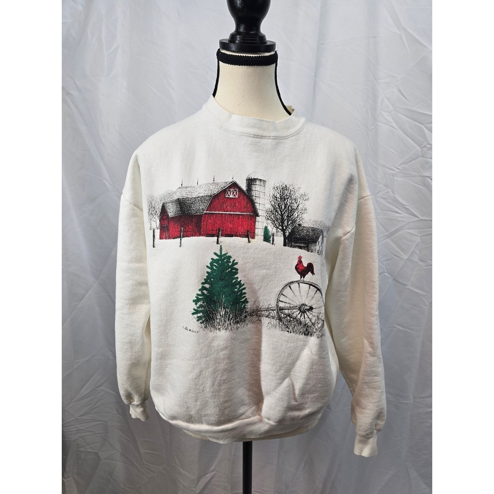 Vintage‎ Farmhouse Barn Rooster Winter Scene Sweatshirt Women's Large